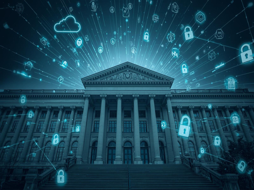 A bank building with cloud and cybersecurity icons