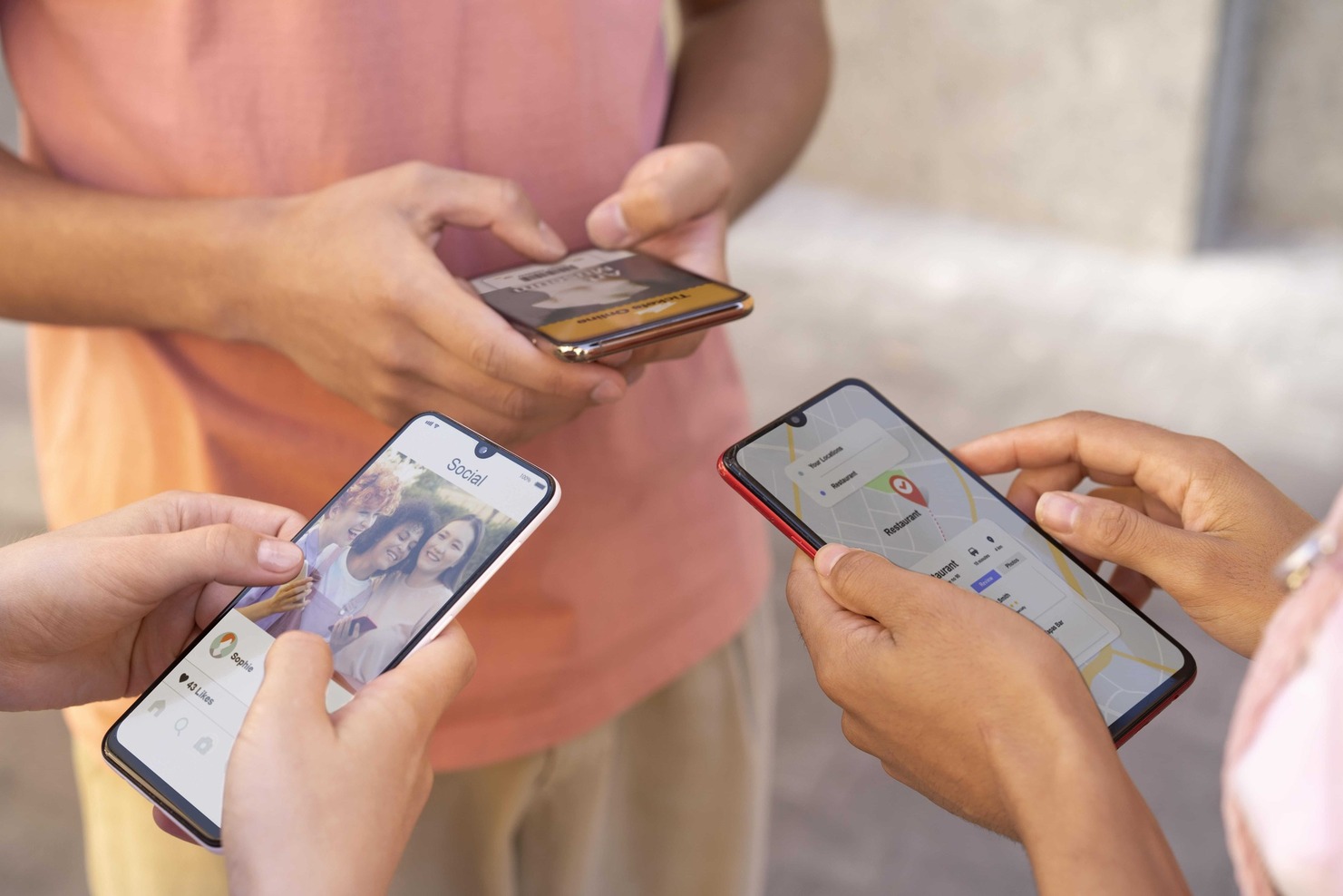 Group of friends using their phones for daily tasks