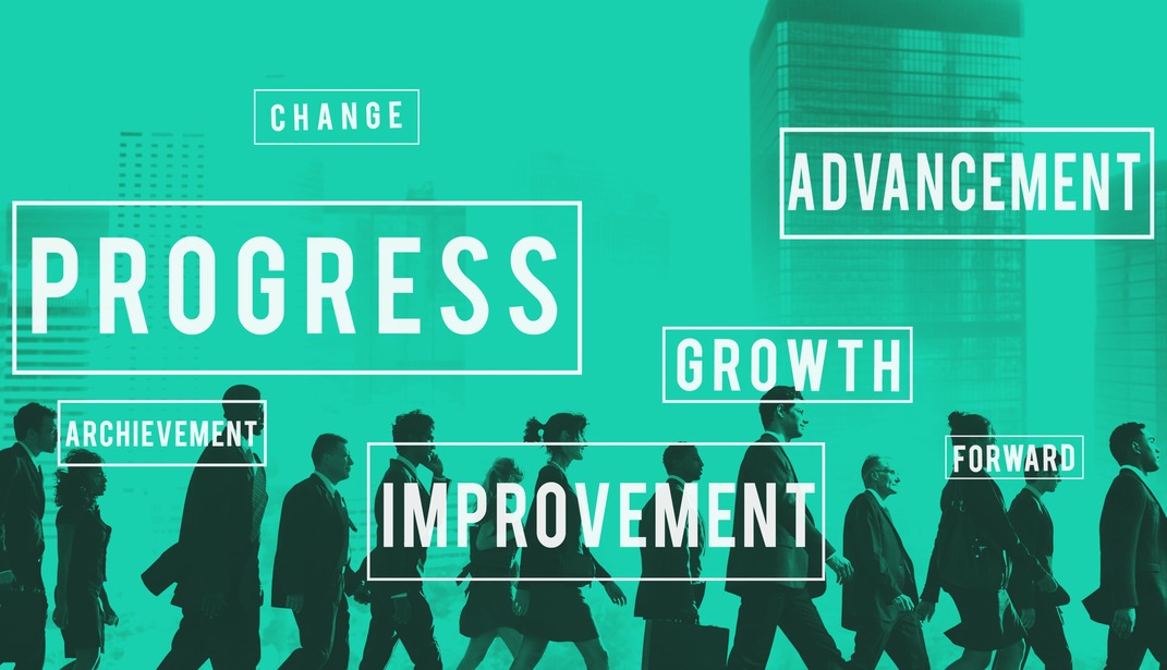 Illustration for payment solution’s evolution, with group of business people walking toward improvement